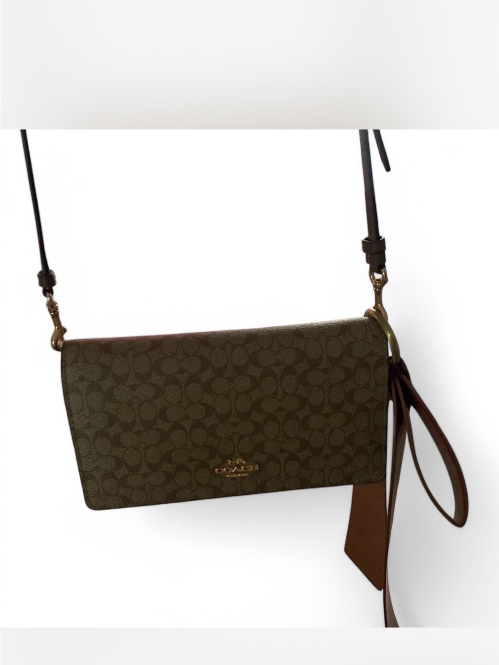 Coach Olive Signature Crossbody Wallet with Brown Strap